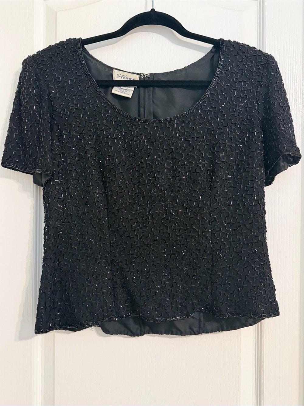 Vintage Stenay Beaded Black Silk Short Sleeve Top Sz L